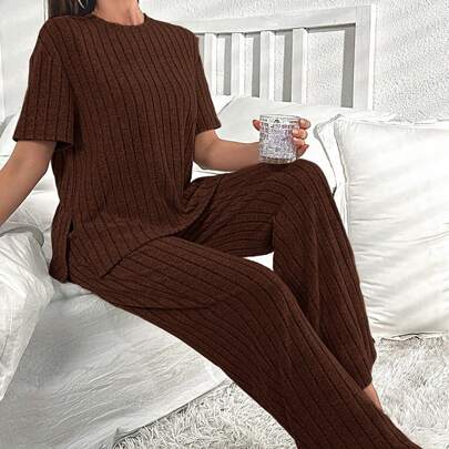 Solid Split Hem Lounge Set Outfit