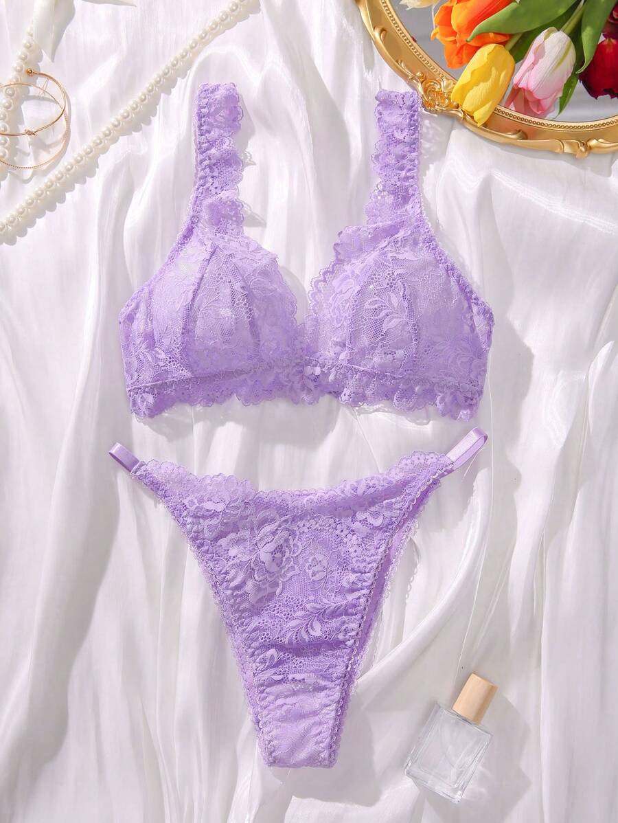 Conjunto de lencería de sujetador y pantis con encaje floral - Púrpura malva - Ver 1