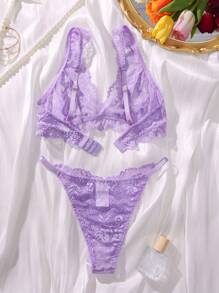 Conjunto de lencería de sujetador y pantis con encaje floral - Púrpura malva - Ver 2