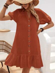 SHEIN VCAY Puff Sleeve Ruffle Hem Smock Dress - Brown - View 1