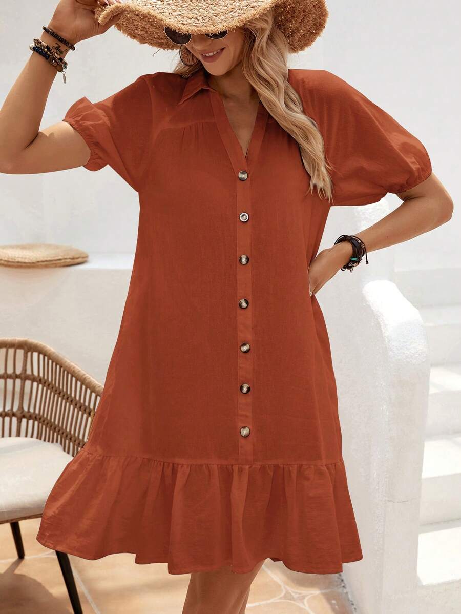 SHEIN VCAY Puff Sleeve Ruffle Hem Smock Dress - Brown - View 1