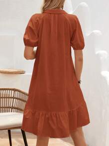 SHEIN VCAY Puff Sleeve Ruffle Hem Smock Dress - Brown - View 2