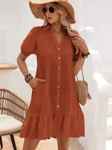 SHEIN VCAY Puff Sleeve Ruffle Hem Smock Dress - Brown - View 3