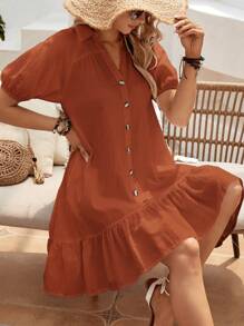 SHEIN VCAY Puff Sleeve Ruffle Hem Smock Dress - Brown - View 4