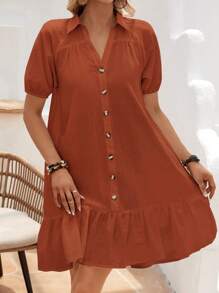 SHEIN VCAY Puff Sleeve Ruffle Hem Smock Dress - Brown - View 5