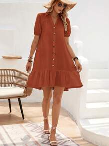 SHEIN VCAY Puff Sleeve Ruffle Hem Smock Dress - Brown - View 6
