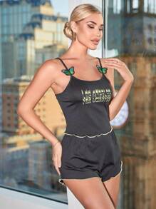 Butter & Letter Graphic Lettuce Trim Cami Top & Shorts PJ Set - Black - View 6