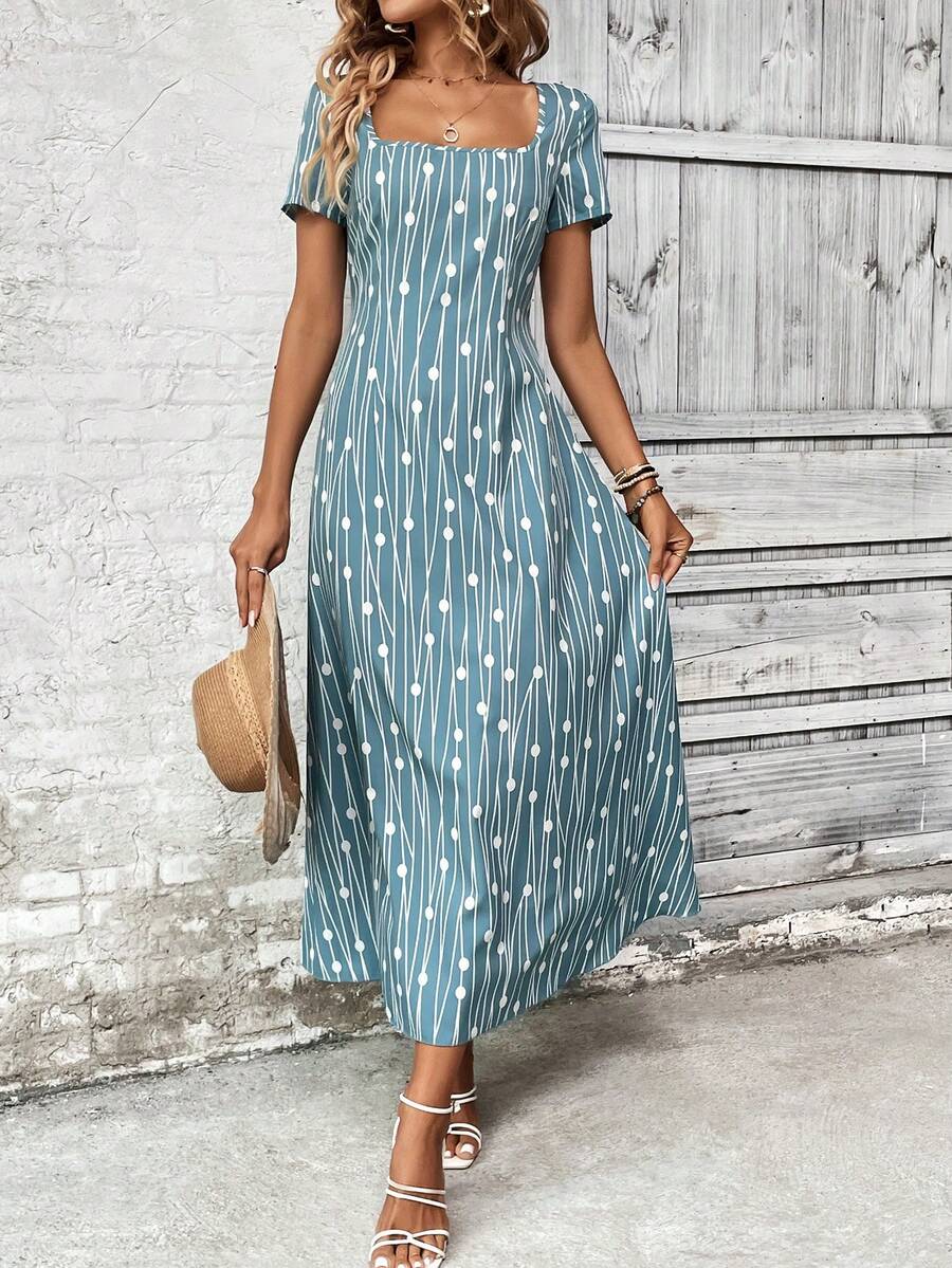SHEIN Clasi In Toàn bộ Cổ vuông Đầm - Màu xanh lam - Xem 1