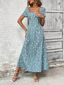 SHEIN Clasi In Toàn bộ Cổ vuông Đầm - Màu xanh lam - Xem 3