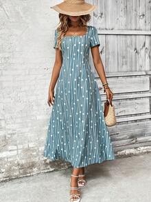 SHEIN Clasi In Toàn bộ Cổ vuông Đầm - Màu xanh lam - Xem 4