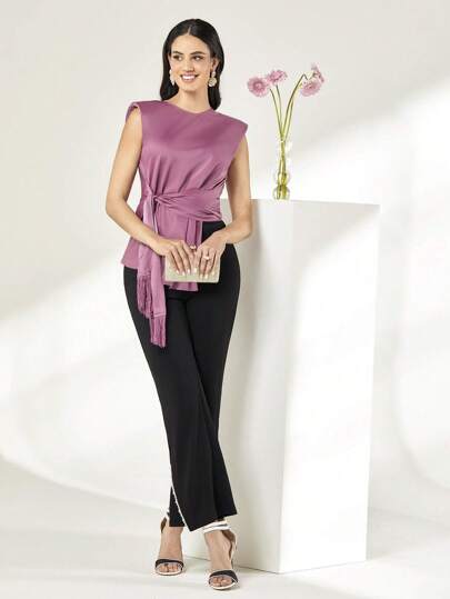 Modelyn Solid Tie Front Sleeveless Blouse