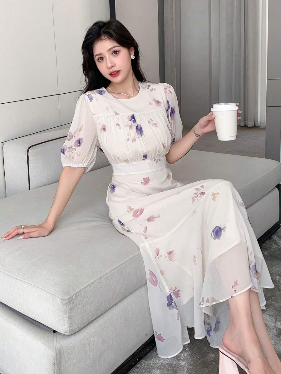 DAZY Floral Print Puff Sleeve Dress - Apricot - View 1