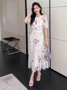 DAZY Floral Print Puff Sleeve Dress - Apricot - View 3