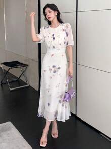 DAZY Floral Print Puff Sleeve Dress - Apricot - View 5