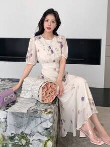 DAZY Floral Print Puff Sleeve Dress - Apricot - View 6