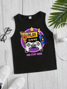 男大童遊戲手柄和標語圖案背心上衣 - 黑色 - 查看 1