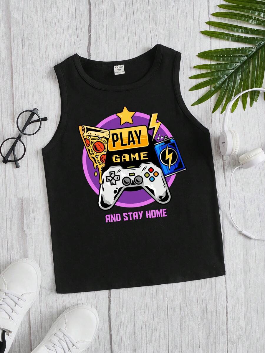 男大童遊戲手柄和標語圖案背心上衣 - 黑色 - 查看 1