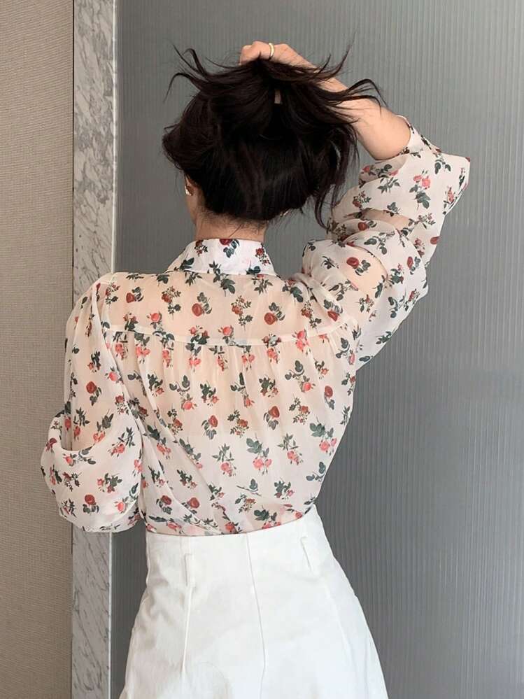 Camisa con botones y mangas abullonadas con estampado floral, Blusa de manga larga con volantes - Multicolor - Ver 2