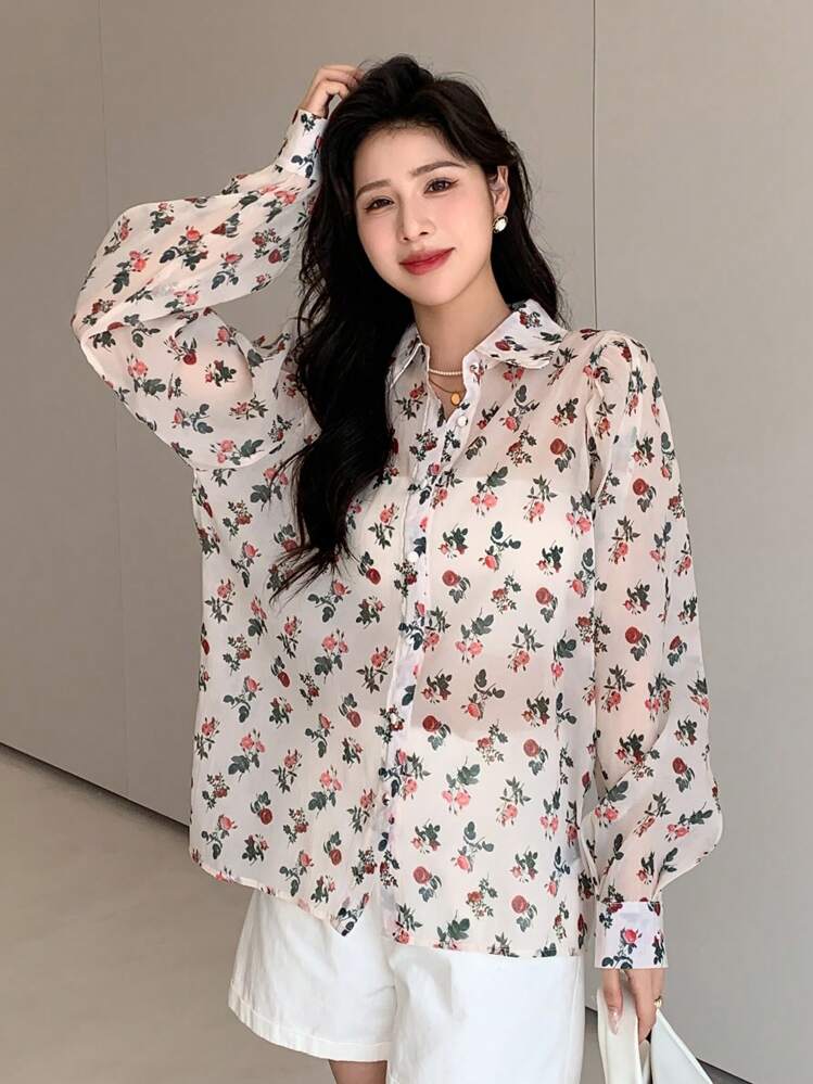 Camisa con botones y mangas abullonadas con estampado floral, Blusa de manga larga con volantes - Multicolor - Ver 3