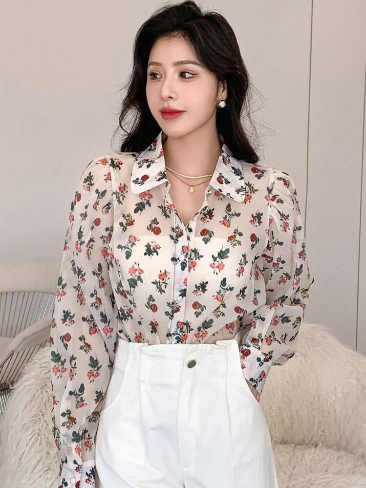 Camisa con botones y mangas abullonadas con estampado floral, Blusa de manga larga con volantes - Multicolor - Ver 4