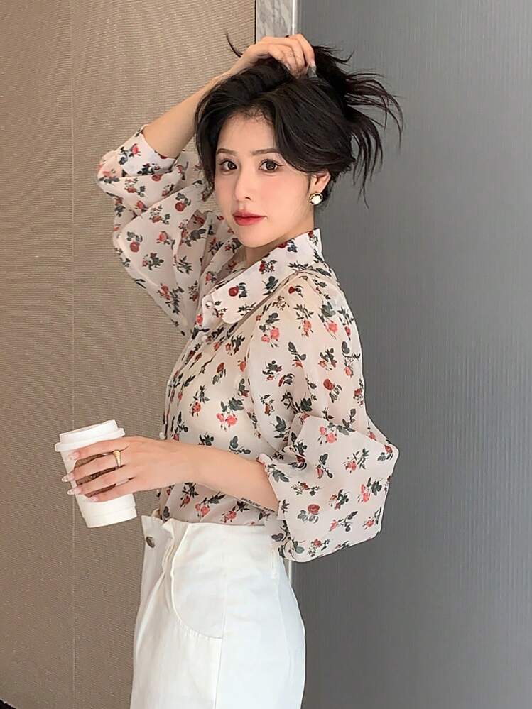 Camisa con botones y mangas abullonadas con estampado floral, Blusa de manga larga con volantes - Multicolor - Ver 8