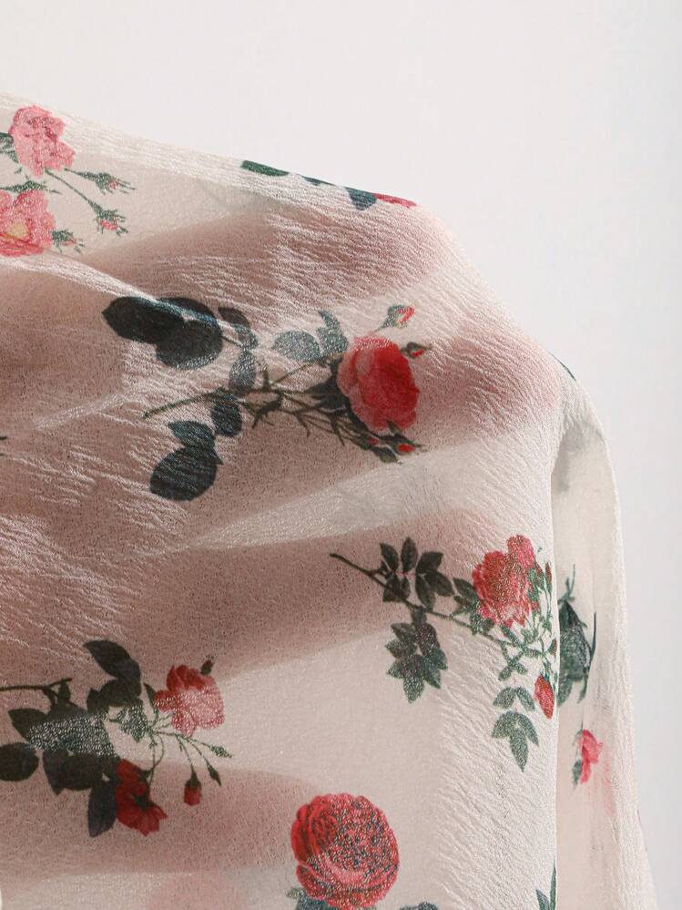 Camisa con botones y mangas abullonadas con estampado floral, Blusa de manga larga con volantes - Multicolor - Ver 9