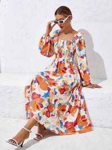 SHEIN LUNE In hoa Cổ vuông Tay áo lồng đèn Đầm - trái cam - Xem 1