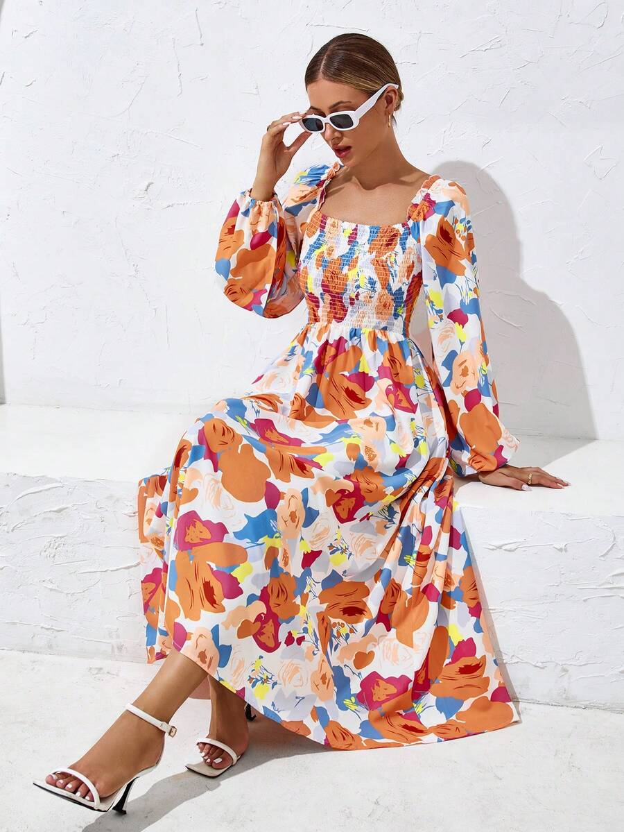 SHEIN LUNE In hoa Cổ vuông Tay áo lồng đèn Đầm - trái cam - Xem 1