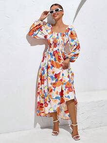 SHEIN LUNE In hoa Cổ vuông Tay áo lồng đèn Đầm - trái cam - Xem 4