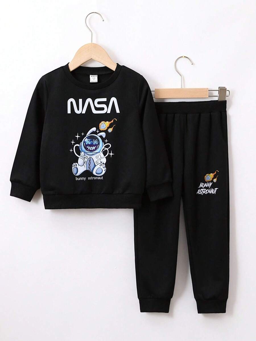 SHEIN Chàng trai trẻ Phi hành gia Và Đồ họa Chữ cái Áo len & Quần nỉ - màu đen - Xem 1