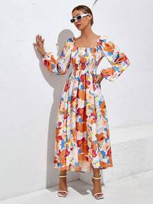 SHEIN LUNE In hoa Cổ vuông Tay áo lồng đèn Đầm - trái cam - Xem 6