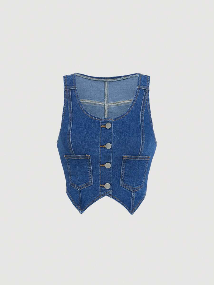 SHEIN Thiếu niên cô gái Túi vá Nút phía trước Tops Denim - Rửa trung bình - Xem 1