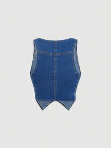 SHEIN Thiếu niên cô gái Túi vá Nút phía trước Tops Denim - Rửa trung bình - Xem 2