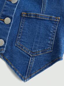 SHEIN Thiếu niên cô gái Túi vá Nút phía trước Tops Denim - Rửa trung bình - Xem 3