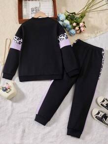 SHEIN 女大童豹紋印花撞色衛衣和衛褲 - 黑色 - 查看 2