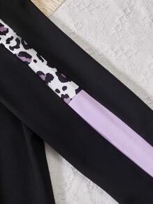 SHEIN 女大童豹紋印花撞色衛衣和衛褲 - 黑色 - 查看 4