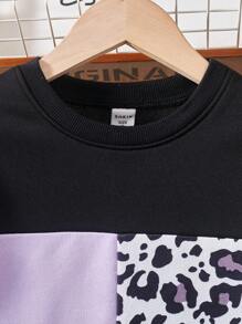 SHEIN 女大童豹紋印花撞色衛衣和衛褲 - 黑色 - 查看 6