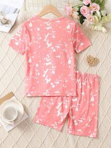 Tween Girl Snug Fit Slogan & Figure Graphic Tee & Shorts - Coral Pink - View 2