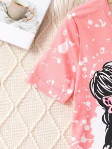 Tween Girl Snug Fit Slogan & Figure Graphic Tee & Shorts - Coral Pink - View 3