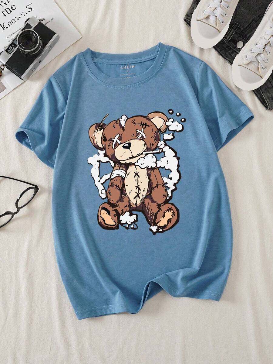 SHEIN Essnce Camiseta con estampado de oso - Neblina azul - Ver 1