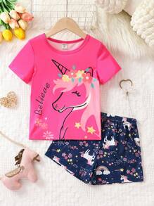 Tween Girl Unicorn & Letter Graphic Tee & Shorts Snug Fit PJ Set - Multicolor - View 1
