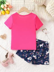Tween Girl Unicorn & Letter Graphic Tee & Shorts Snug Fit PJ Set - Multicolor - View 2