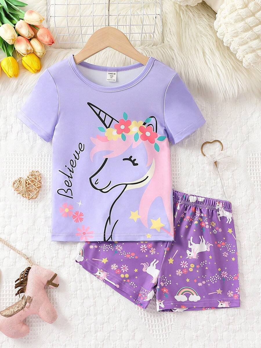 Cô gái Tween Kỳ lân & Đồ họa Chữ cái Áo thun & quần đùi - Màu tím - Xem 1