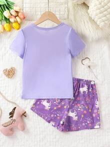 Cô gái Tween Kỳ lân & Đồ họa Chữ cái Áo thun & quần đùi - Màu tím - Xem 2