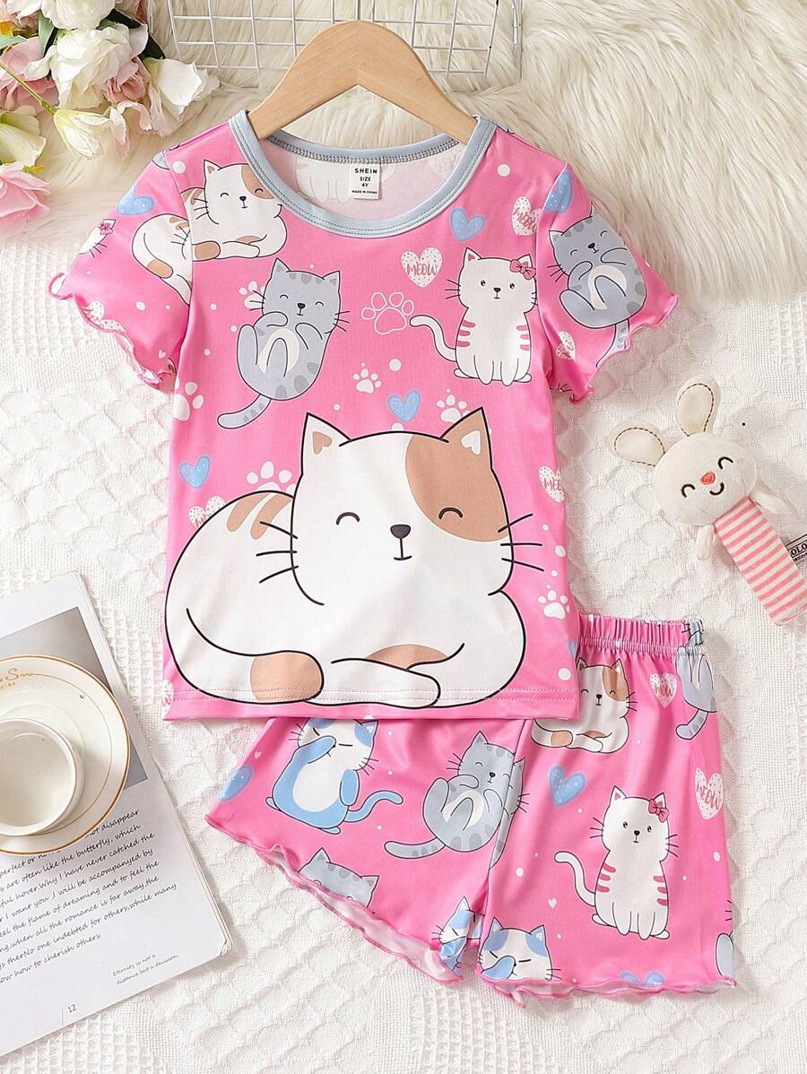 女小童卡通圖案撞色滾邊睡衣套裝 - 玫紅色 - 查看 1