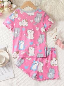 女小童卡通圖案撞色滾邊睡衣套裝 - 玫紅色 - 查看 2