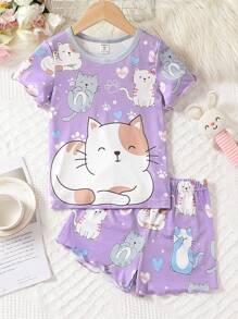 Young Girl Lettuce Edge Cute Cat Printed Home Suit