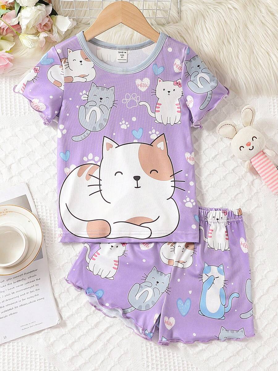 Young Girl Lettuce Edge Cute Cat Printed Home Suit