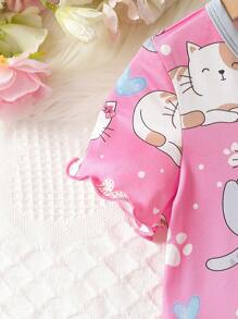 女小童卡通圖案撞色滾邊睡衣套裝 - 玫紅色 - 查看 3