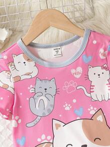 女小童卡通圖案撞色滾邊睡衣套裝 - 玫紅色 - 查看 4